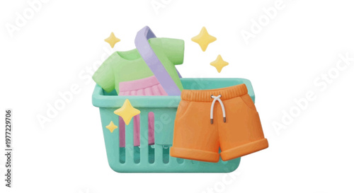 Vector illustration of 3d illustration of a laundry basket with clothes and sparkling icons on a transparent background