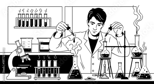 Scientist in Laboratory Conducting Experiments with Beakers and Flasks
