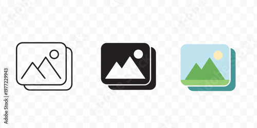 Modern Image Gallery Icons Outline, Solid, Flat Design Vector Set for Photo Album and UI Elements