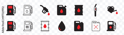 Gas Station and Fuel Icons Vector Set. Energy, Oil, Gasoline, and Petroleum Industry Symbols