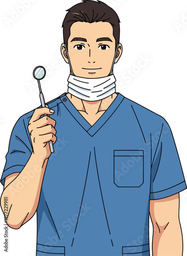 Male dentist in blue scrubs holding a dental mirror illustration with professional healthcare medicine treatment
