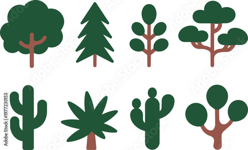 A set of eight different green tree and cactus illustrations on isolated for design and decoration purposes