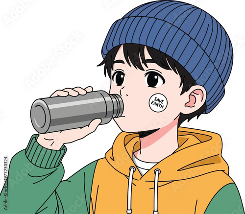 Young boy drinking from stainless steel reusable water bottle illustration with drinking stainless reusable