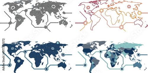 World map vector set featuring global connection networks logistics infographics and different modern earth cartography designs for professional business presentation