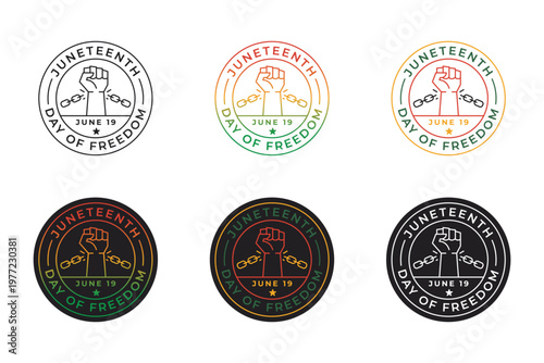 Juneteenth set of colorful emblems with raised arm representing freedom and unity
