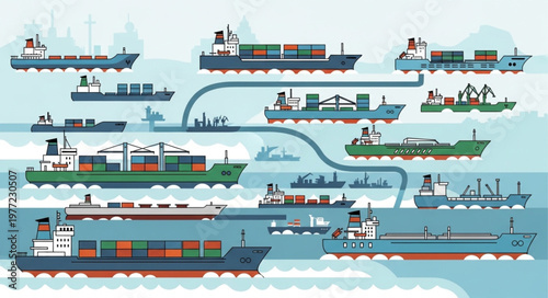 Cargo Ships Navigating Complex Trade Routes in a Network.