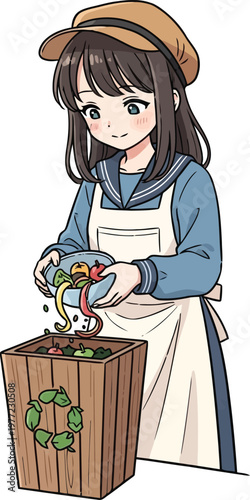 Anime style girl sorting recyclable food scraps into wooden compost bin illustration with eco friendly, recycling