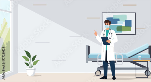 Male doctor in white coat standing in modern hospital room with blue bed and natural lighting for medical advertising