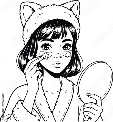 Anime style girl with cat ear headband applying facial mask illustration self care skincare lifestyle illustration