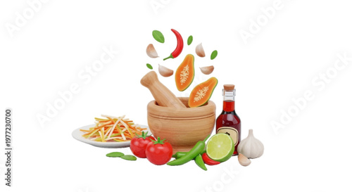 Vector illustration of ingredients for thai papaya salad som tum with mortar and pestle on a transparent background