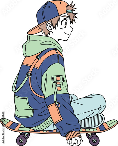 Stylish anime boy sitting on skateboard illustration with skateboard lifestyle character recreation activity