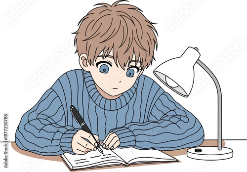 Anime boy studying writing in notebook under desk lamp illustration with studying notebook education homework