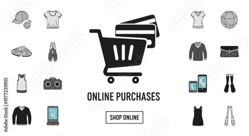 Online Shopping and E-commerce Concept with Shopping Cart and Product Icons