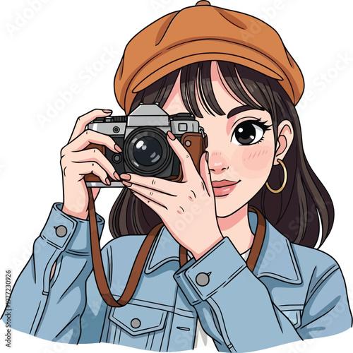 Anime style girl wearing a beret using a vintage camera with photographer photography portrait shooting creative