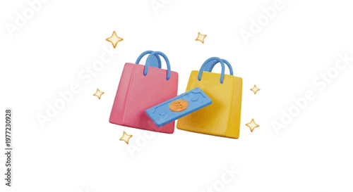 Vector illustration of 3d illustration of shopping bags with a blue banknote and gold coin on a transparent background