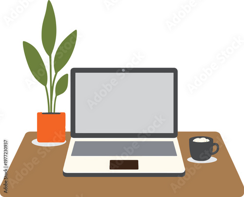 A minimalist workspace featuring a laptop plant and a warm beverage