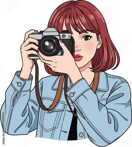 Red-haired anime girl with a denim jacket taking a picture photographer photography portrait shooting creative