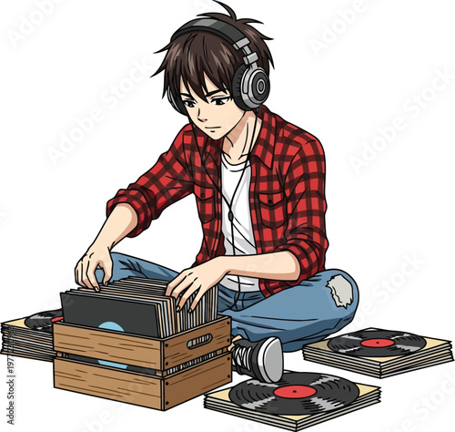 Anime boy wearing headphones sitting on the floor with vinyl records headphones listening illustration collection