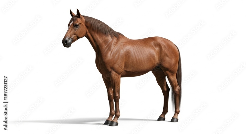 Fototapeta premium Brown standing horse side view isolated on white background