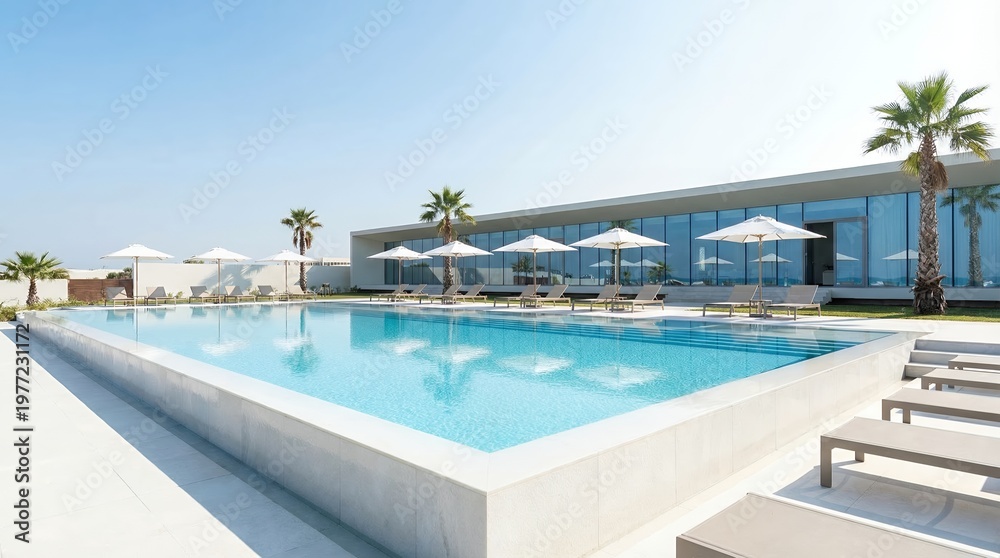 Fototapeta premium Modern resort swimming pool with lounge chairs.