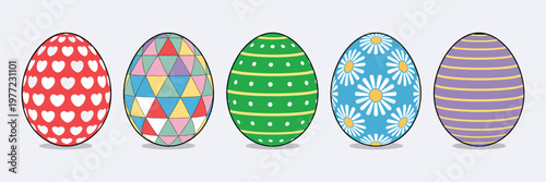 Colorful Easter eggs vector illustration set isolated on white background, decorative holiday eggs collection with vibrant patterns and festive spring design elements