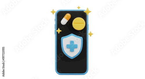 Vector illustration of 3d smartphone icon with medical pill, tablet, and health shield symbol on a transparent background