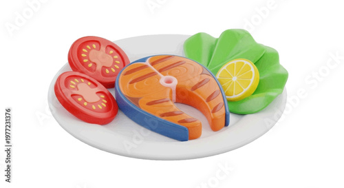 Vector illustration of toy salmon steak with tomato slices, lettuce and lemon on a plate on a transparent background