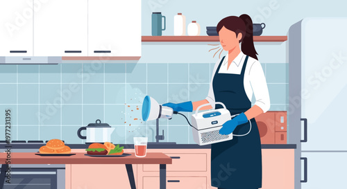 Woman Ironing Clothes in Modern Kitchen.