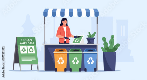 Woman operating recycling collection point outdoors.