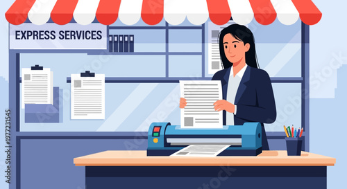 Woman Printing Documents at Office Counter.