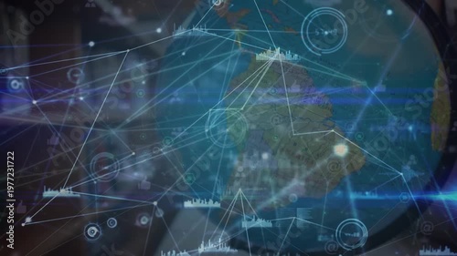 Animation of network of connections over close up of globe model in the library at school
