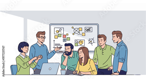 Diverse team brainstorming meeting in modern office with whiteboard and laptop in colorful vibrant lighting for business presentation