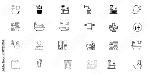 Modern Bathroom and Sanitary Ware Icon Set – Minimalist Interior Fixtures for Home Improvement, Real Estate, and Architecture Branding