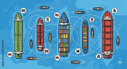 Aerial View of Container Ships Navigating a Busy Shipping Lane.