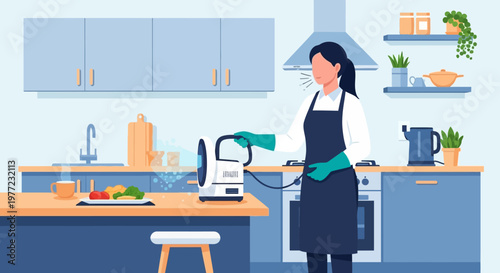 Woman Wearing Apron Cleaning Kitchen Counter.