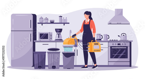 Woman Wearing Apron Cleaning Kitchen with Bucket.