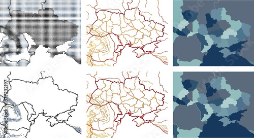 Ukraine map vector set featuring flat regions outline designs and halftone dot patterns for professional infographic and presentation graphic elements