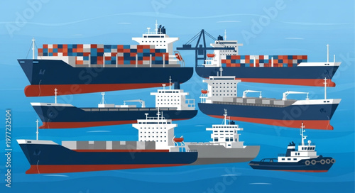 Cargo Ships and Tugboat in a Busy Harbor Scene.