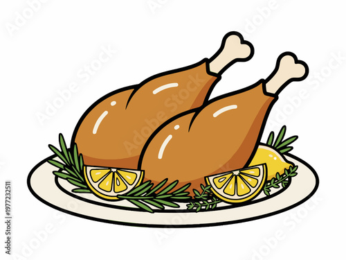 Roasted chicken drumsticks with lemon and herbs on plate illustration