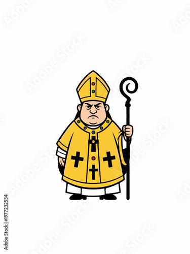 Bishop Cartoon Character Holding Staff and Wearing Yellow Mitre