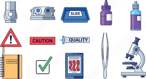 Laboratory and Science Icon Set for Microscopes, Slides, Quality Control, and Caution Signs