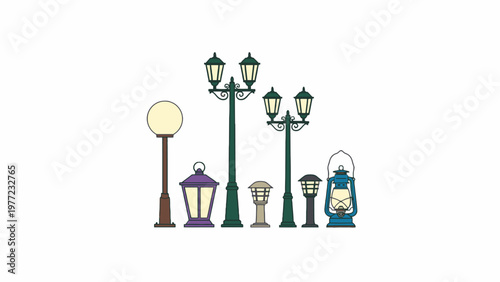 Street Lamp and Lantern Collection Isolated on White Background
