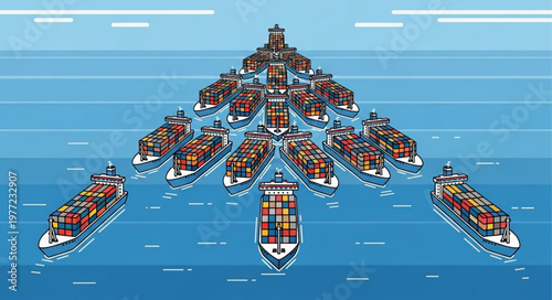 Container Ships Forming an Arrow in the Ocean.
