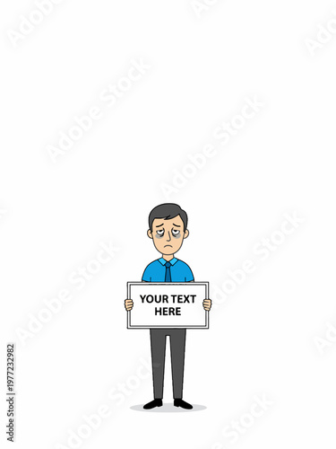 Tired Businessman Holding Blank Signboard on White Background
