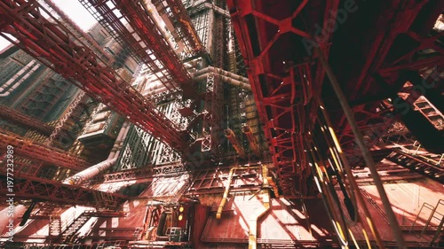 dense mechanical hub of red gantries, vertical pipes and heavy gear, industrial intensity with layered steel, cables and machinery silhouettes