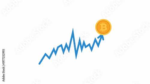 Bitcoin price growth on rising blue line chart isolated on white