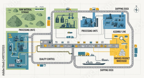 Schematic Diagram of Industrial Processes and Waste Management System.