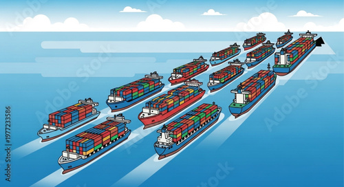 Convoy of Cargo Ships Sailing on the Ocean.