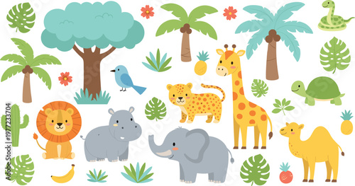 Cute Tropical Safari Animal Vector Collection Featuring Lion, Elephant, Giraffe, Hippo, Leopard, and Camel with Palm Trees and Exotic Fruit for Kids Nursery Decor