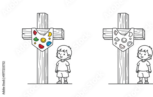 Christian coloring page for kids, cute little boy standing by a wooden cross with decorated cloth, Sunday school religion activity worksheet vector illustration.